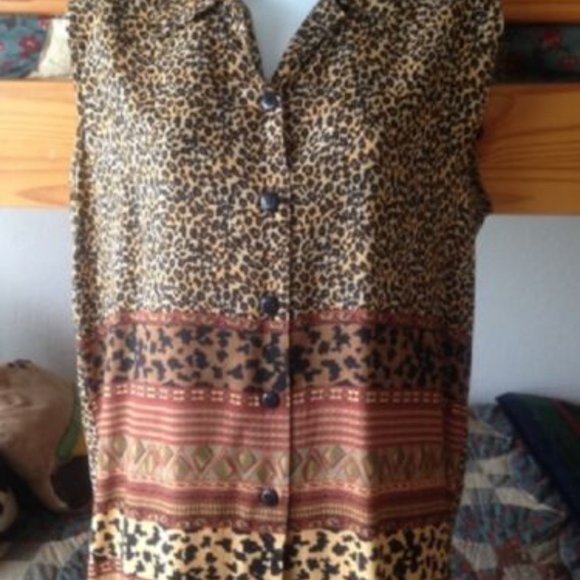 Vintage * CALIFORNIA CRUSH button-down TUNIC slvls rayon SHIRT* ANIMAL PRINT * M - Picture 2 of 5